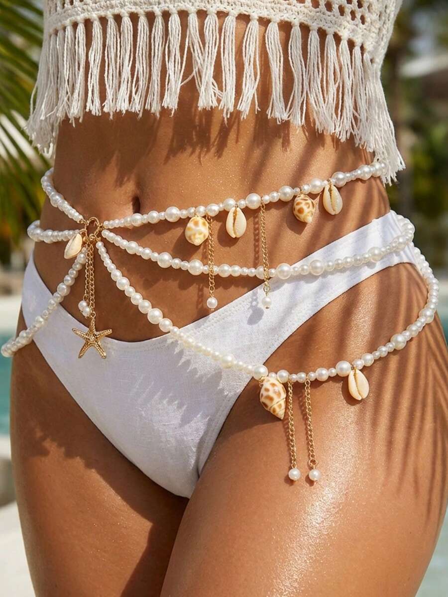 Body Jewelry Waist - Three-layer beaded waist chain with pearls