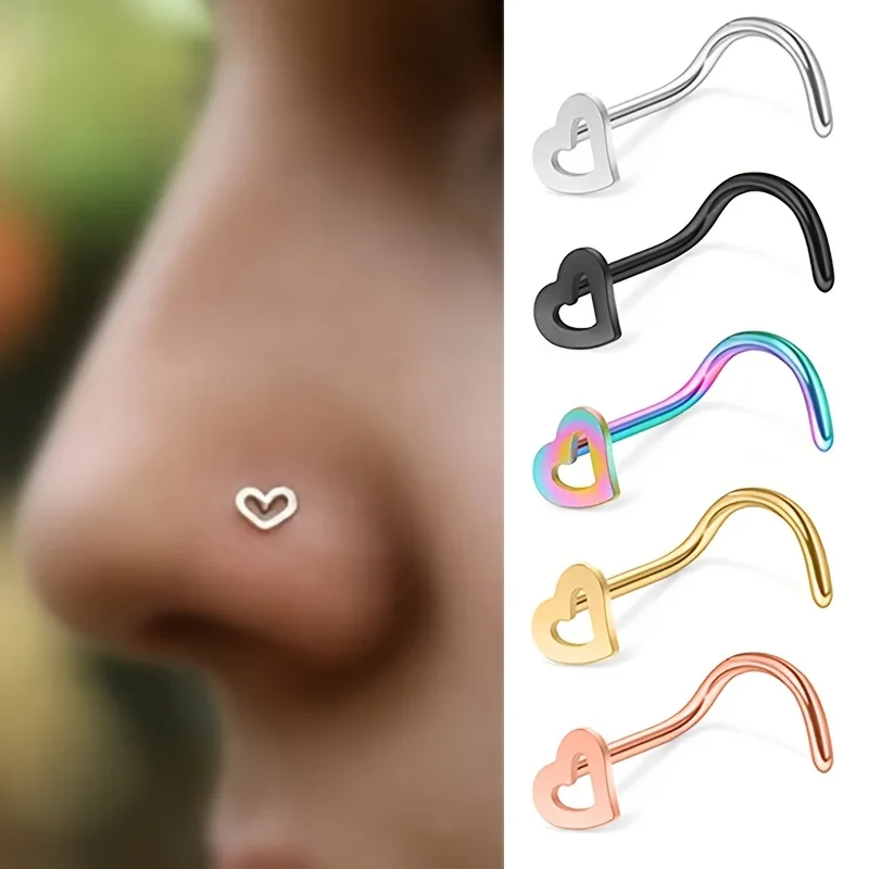 5pcs Hollow Heart Nose Stud Se – обзор и цена Nostril Screw Pin
